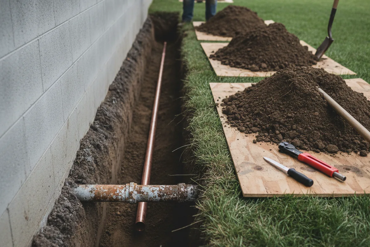 Excavated water line trench during Water Softener Installation in Pocola